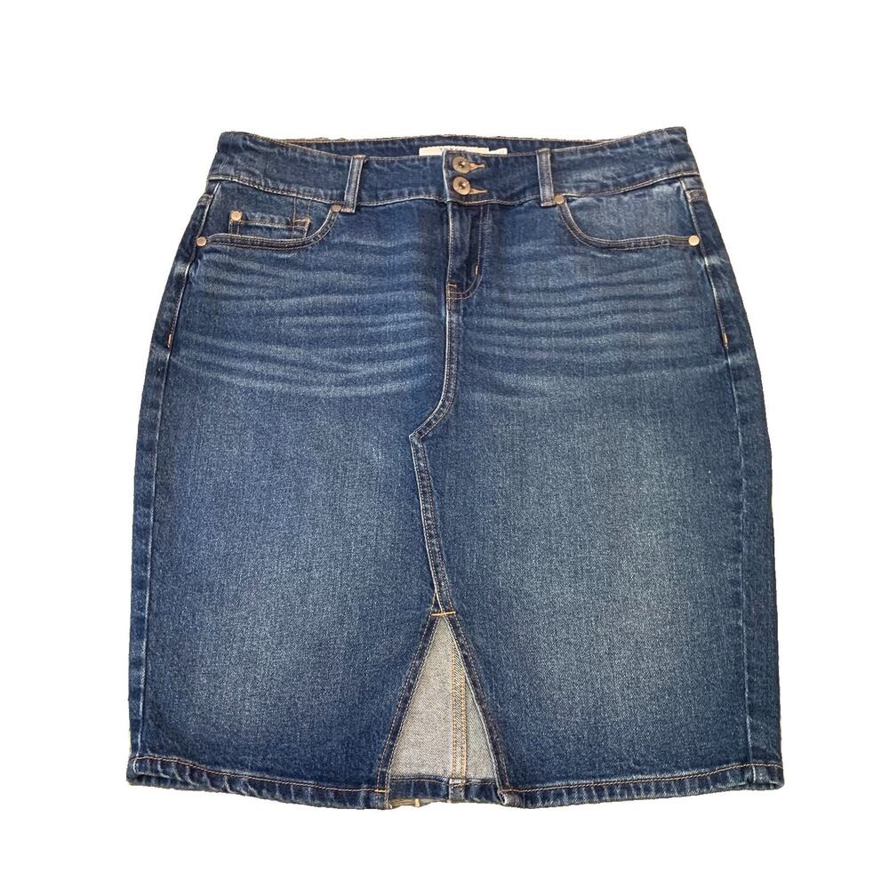 Torrid Denim Skirt Size 12 Knee Length Stretch Front Slit Blue Pockets